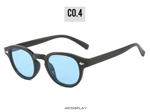 Detail of round vintage sunglasses with black frames, blue lenses and silver rivets