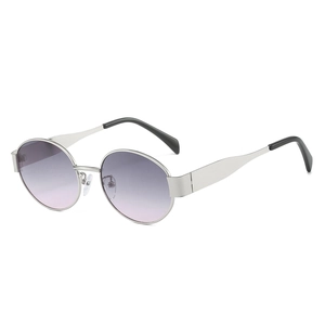 Modern oval sunglasses with purple gradient lenses and slim silver metal frames
