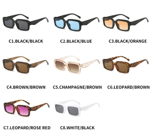 Detailed grid showing 8 color variations of rectangular vintage sunglasses in various frames