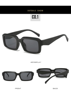 Three-view perspective of vintage rectangle sunglasses with thick black frames