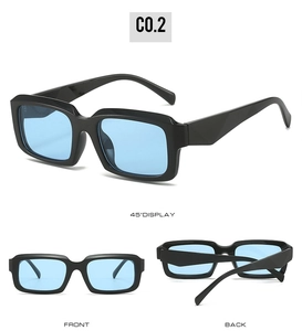 Detailed views of vintage rectangle sunglasses with thick black frames and blue lenses