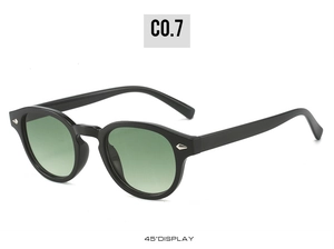 Retro round sunglasses in black frame with light green lenses and 45-degree angle display