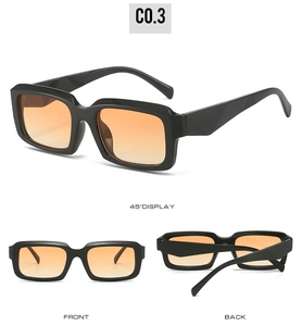 Detail view of rectangular sunglasses showing 45-degree angle, front and back layout