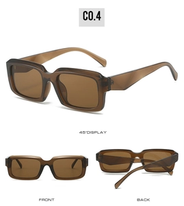 Detailed multi-angle views of retro translucent amber rectangular sunglasses frame