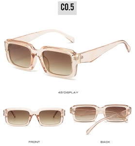 Three-angle view of champagne rectangle sunglasses with brown gradient lenses