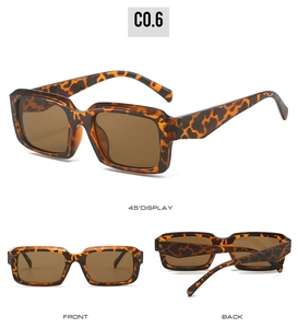 Three-way view of leopard print rectangle sunglasses showing front back and 45-degree angle