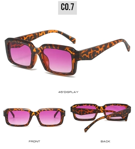 Three-way view of leopard print rectangular sunglasses with purple gradient lenses