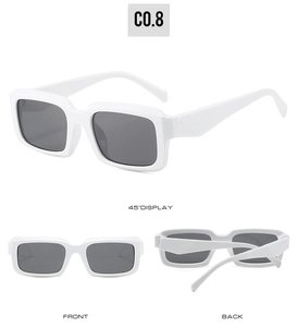 Three-way view of white rectangular sunglasses with dark grey lenses and thick frames