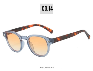 Detailed 45-degree side view of round retro sunglasses with blue frames and orange lenses