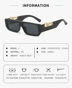 Detailed size chart for retro square sunglasses with decorative gold leopard hardware