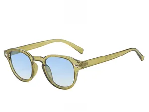 45-degree view of round semi-transparent olive sunglasses with blue gradient lenses