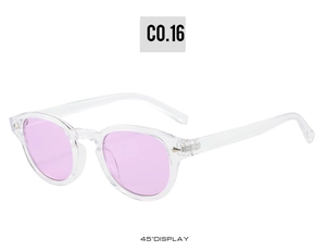 Detailed 45-degree side view of vintage round sunglasses with clear frame and purple lenses