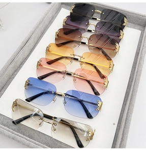 Detail of rimless butterfly sunglasses collection with gradient lenses and rhinestone accents