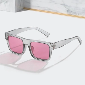 Stylish square transparent grey sunglasses with pink lenses and UV protection