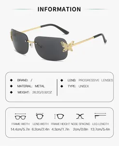 Size chart for rimless butterfly sunglasses showing lens dimensions and metal frame specs
