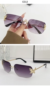Detail of purple gradient frameless lenses with gold crystal butterfly accents