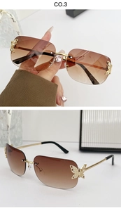 Detail of rimless butterfly sunglasses with gradient lenses and sparkling rhinestones