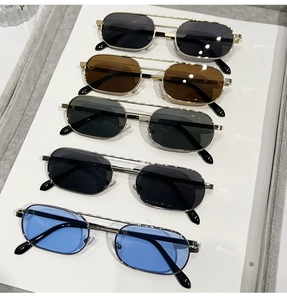 Detailed overhead view of double bridge square sunglasses in five metallic color variations