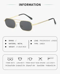 Detailed size chart for unisex double bridge square metal frame sunglasses with dimensions
