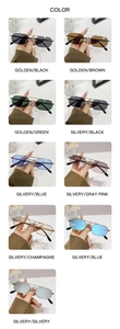 Detailed grid display of double-bridge square sunglasses in various metallic frame colors