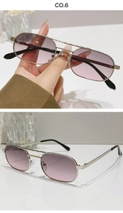 Detail of silver double bridge sunglasses with purple gradient lenses and metal frame