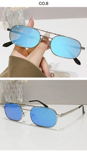 Detail view of square sunglasses with silver double bridge frame and blue mirror lens