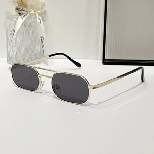 Retro double-bridge sunglasses with gold metal frame and dark grey square lenses