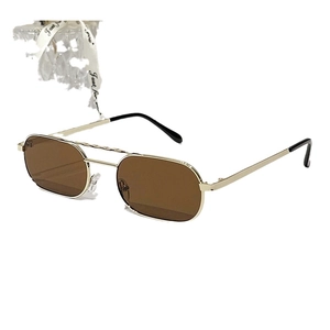 Retro double bridge square sunglasses with gold metal frame and brown lenses