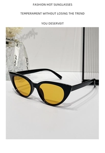 Close-up of retro cat eye sunglasses featuring thick black frames and bright yellow lenses