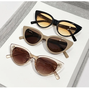 Close-up detail of cat-eye sunglasses featuring slim temples and lens specifications