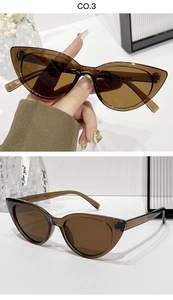 Detailed close-up of brown cat-eye sunglasses featuring the model code on the slim temple