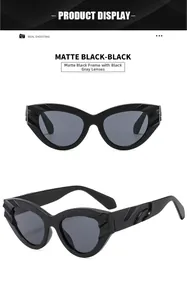 Detail of matte black cat eye sunglasses with 3D textured temples and dark grey lenses