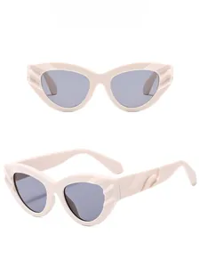 Detailed view of rice white cat-eye sunglasses with light gray lenses from two angles