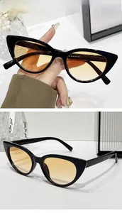 Detailed view of cat-eye sunglasses with black frame and translucent orange lenses