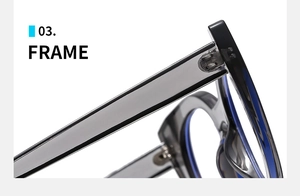 Detailed macro view of the durable hinge and gray blue frame of cat-eye glasses
