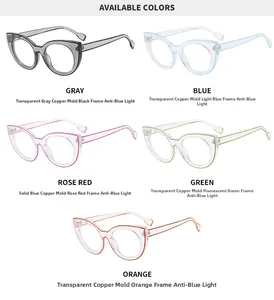 Collection of oversized cat-eye anti-blue light glasses in five colorful transparent frames