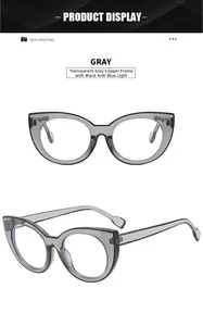 Detailed view of transparent grey cat-eye frames with anti-blue light filter lenses