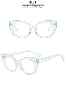 Detail view of cat eye anti-blue light glasses with transparent frame and blue inner accents