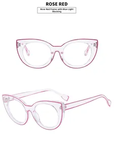 Detailed view of rose red cat-eye blue light blocking glasses with transparent frames