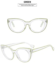 Detail of cat eye glasses frame with transparent green finish and anti-blue light lens