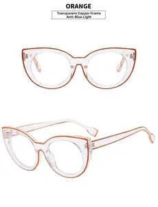 Detail view of transparent cat eye glasses with orange frame accents and anti-blue light lens