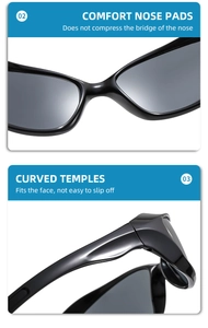 Detail view of comfortable nose pads and ergonomic curved temples of black Y2K sunglasses