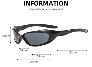 Detailed dimensions of black Y2K wrap-around sunglasses with 148mm total width