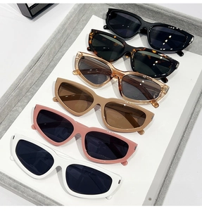 Detailed grid showing trendy cat-eye sunglasses in multiple colors on a display tray