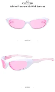 Front and 45-degree side views of white sporty sunglasses with translucent pink lenses
