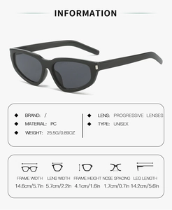 Detailed size chart and specifications for trendy black cat-eye sunglasses with dimensions