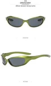 Front and 45-degree side view of wrap-around olive green punk sports sunglasses with gray lenses