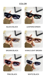 Six stylish cat-eye sunglasses colors displayed on a minimalist marble background