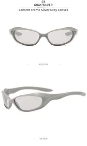 Front and 45-degree side view of Y2K cyberpunk streamlined silver lens sunglasses