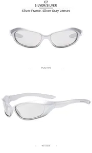 Silver metal wrap-around sports sunglasses with grey lenses in front and 45-degree views